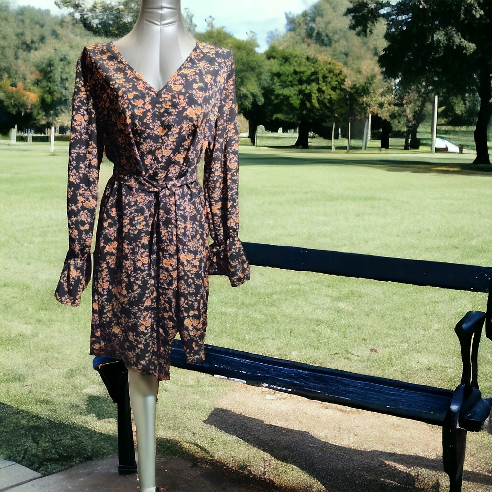 SHEIN | Floral Fluted-Sleeve Midi Shift w/ Tie-around Belt | EUC ✨ size L